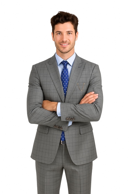 Catania Collection - Modern Fit Windowpane Suit 2 Piece in Medium Gray - Image 5