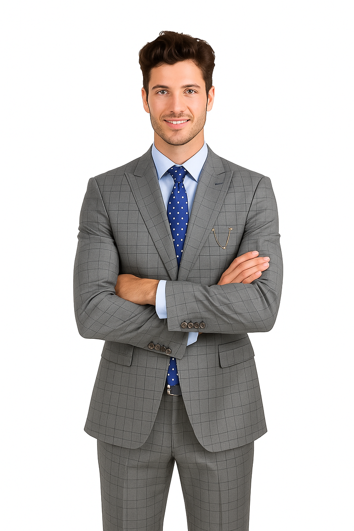 Catania Collection - Modern Fit Windowpane Suit 2 Piece in Medium Gray - Image 5