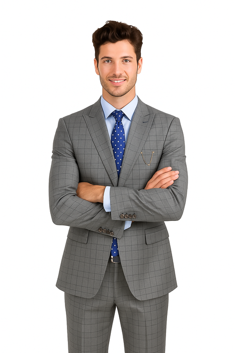Catania Collection - Modern Fit Windowpane Suit 2 Piece in Medium Gray