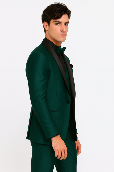 Mens Emerald Green Tuxedo with Black Satin Shawl Lapel – 3 Piece Formal Suit with Vest