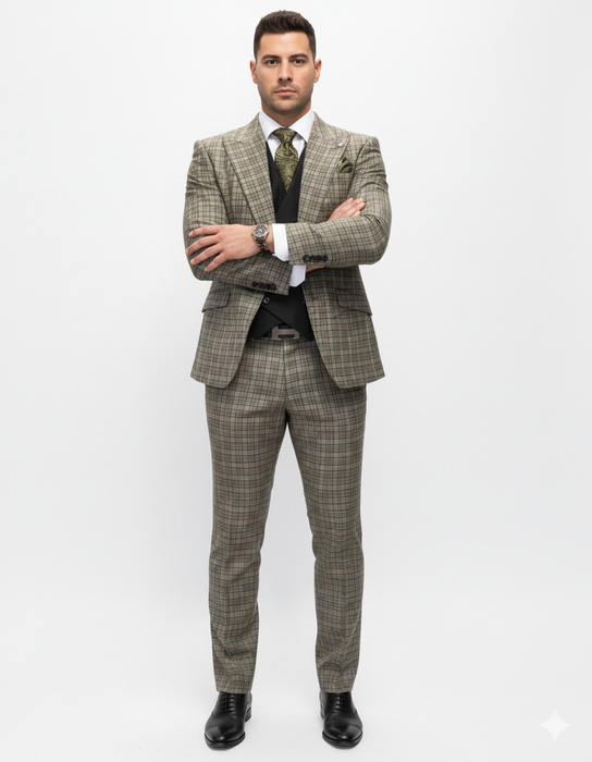 Statement Suits - Wool Suits - Peak Lapel Suits - Ticket Pocket - Modern Fit - Olive Suit