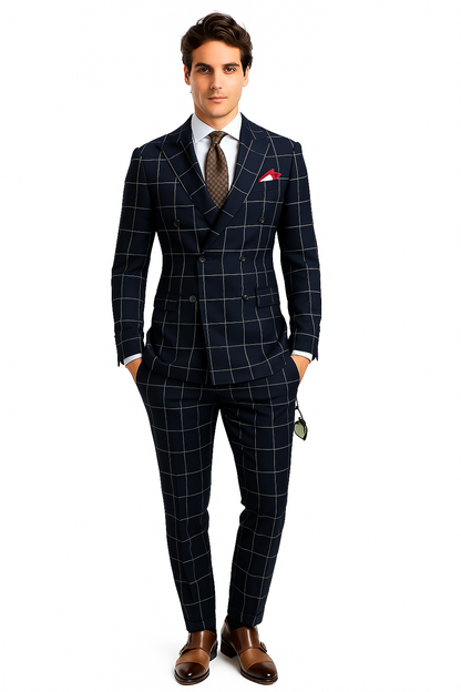 Mens Black and White Window Pane ~ Plaid Double Breasted Suits Suits - Image 7