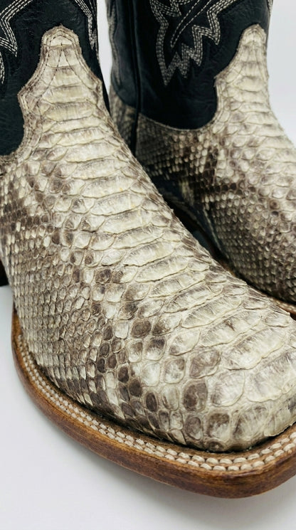Men’s Natural Python Square Toe Boots, Exotic Western Cowboy Dress Boots