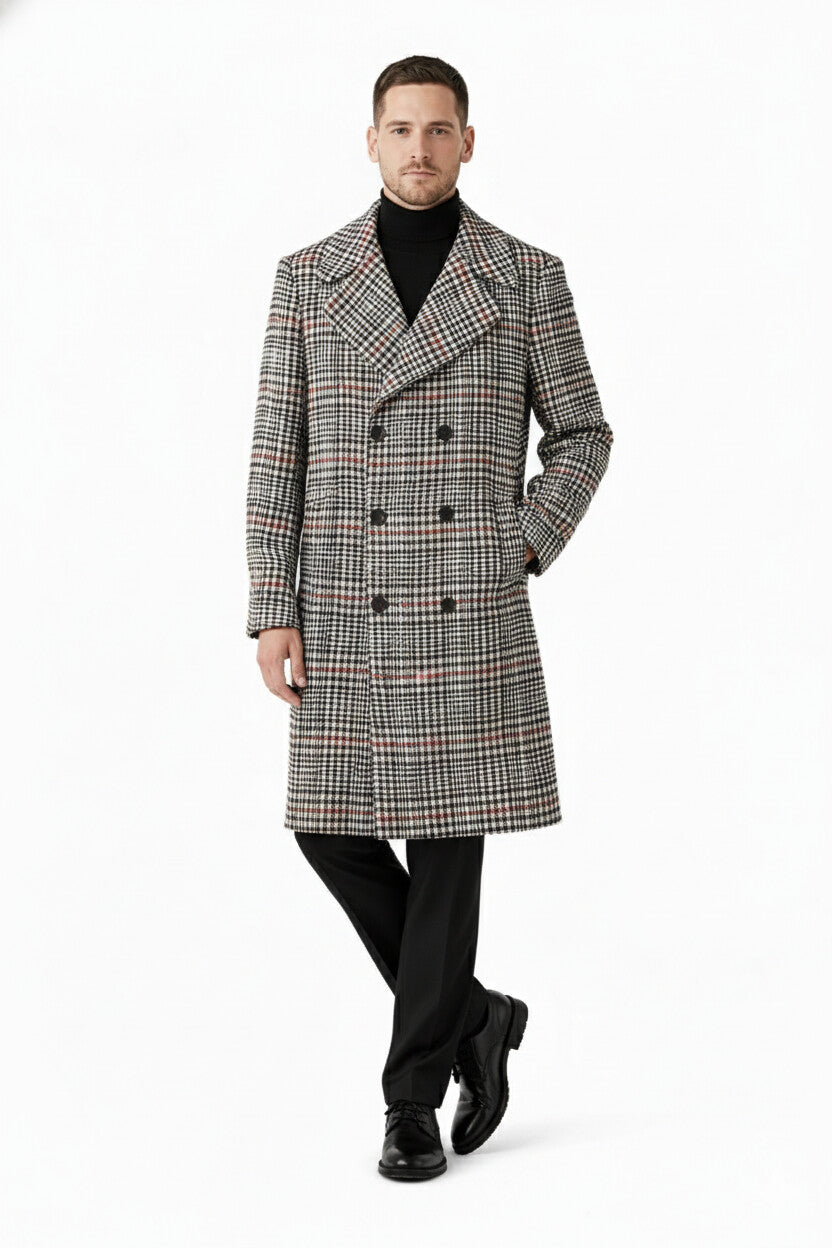 Men's Houndstooth Six Button Front Double Breasted Wool Overcoat - Image 8