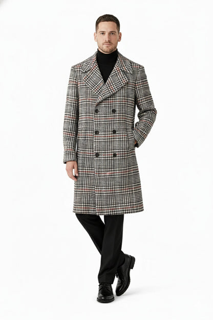 Men's Houndstooth Six Button Front Double Breasted Wool Overcoat - Image 8