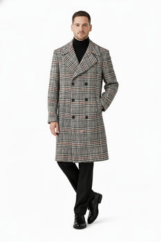 Men's Houndstooth Six Button Front Double Breasted Wool Overcoat - Image 8