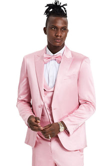 Graduation Suit - Men's One Button Vested Shiny Satin Sharkskin Prom & Wedding Party Suit in Dusty Rose