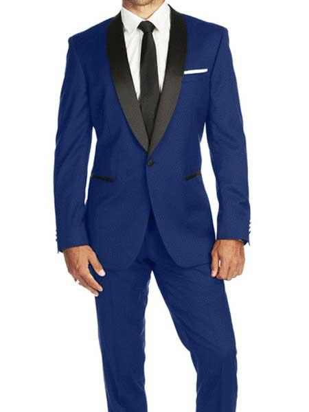 Men's Cobalt Blue ~ Indigo ~ Bright Blue ~ Teal  ( Light Dark Navy ) With Black Lapel Shawl lapel 1 Single Button Tuxedo Suit