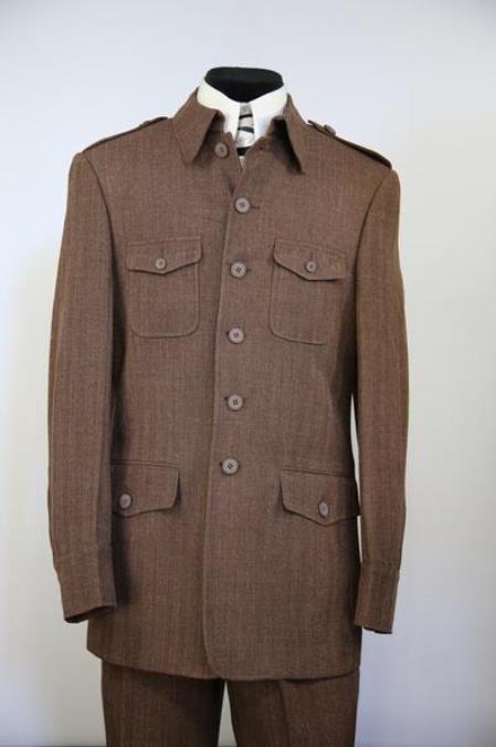 Men's Naval Style High Collar Wool Zoot Suit Coffee