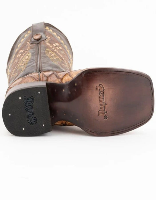 Ferrini Bronco Men's Print Pirarucu Fish Boots Handcrafted Cognac