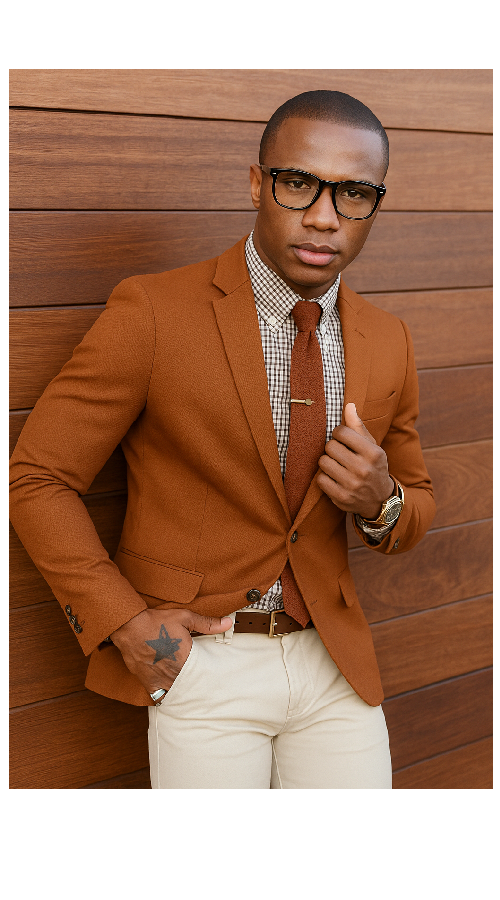 Man wearing a stylish burnt orange suit with matching tie
