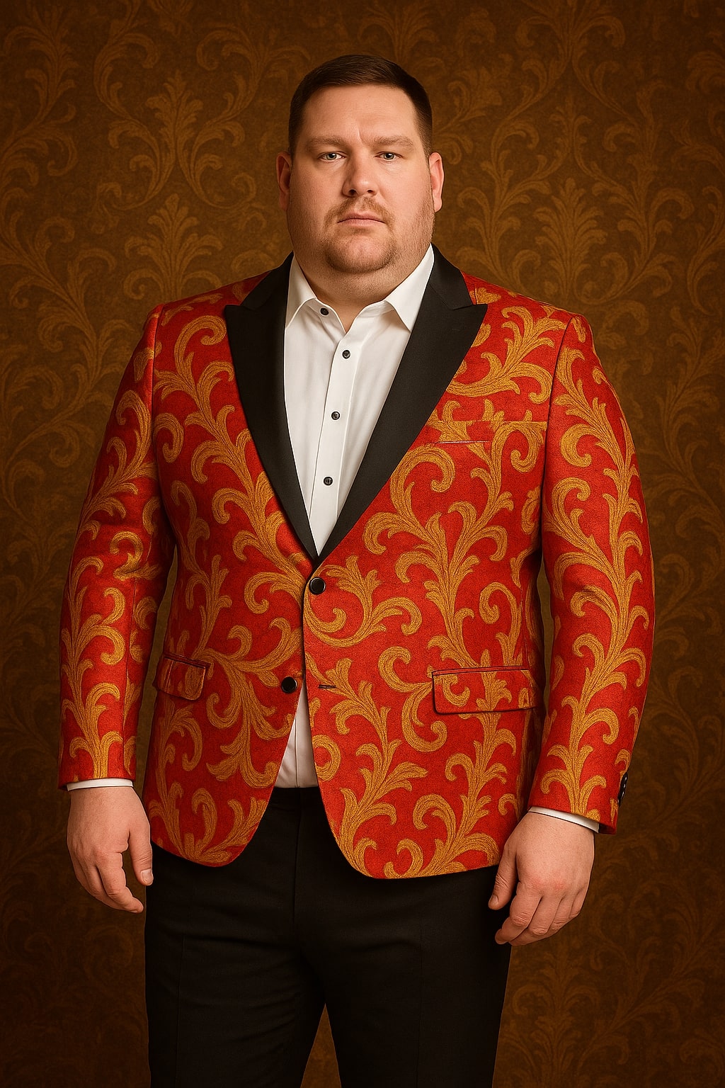 Men's Red and Gold Baroque Tuxedo Jacket with Black Satin Shawl Lapel - Image 5