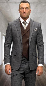 Copper Plaid - Vested Suits - Statement Brand - Vested Suits Wool suits - Suits with Double Breasted Vest - Windowpane Pattern - 100% Percent Wool Fabric Suit - Worsted Wool Business Suit