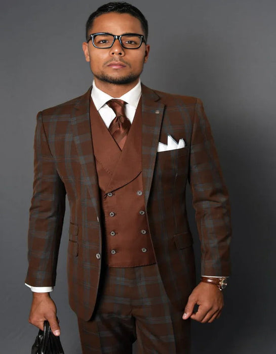 Mens Italian Wool Suit Color Copper - Men's Modern Fit Wool Suit with Doulbe Breasted Copper Plaid Vest