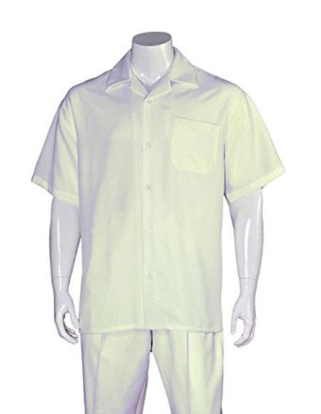 Men's Casual Cream Short Sleeve Plain Two Pieces Casual Two Piece Walking Outfit For Sale Pant Sets Suits with Matching Pleated Pants