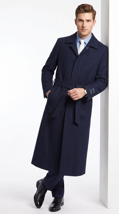 Men's Navy Blue Full Length Belted Overcoat – Classic Long Winter Dress Coat with Waist Belt