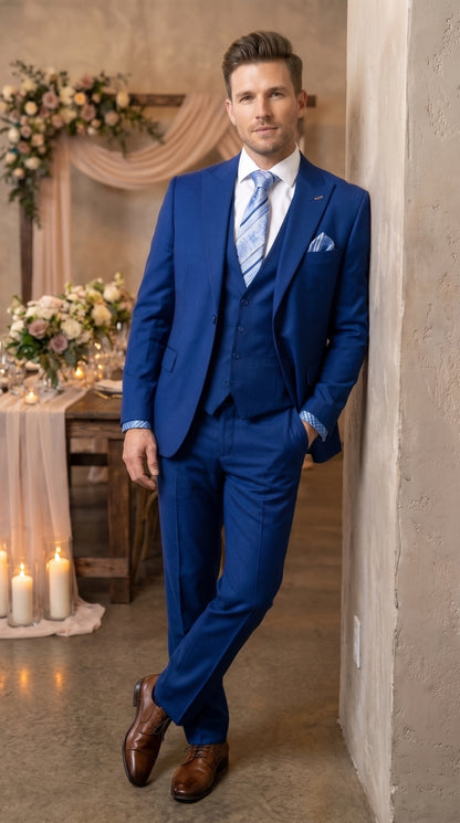 Men’s Royal Blue 3 Piece Vested Suit, 2 Button Peak Lapel Formal Wedding Prom Business Suit