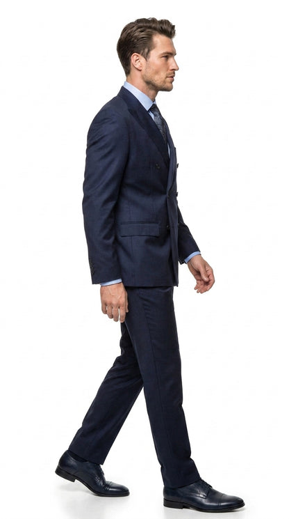 Men’s Navy Double Breasted Wool Suit, Peak Lapel Side Vent Jacket with Pleated Pants