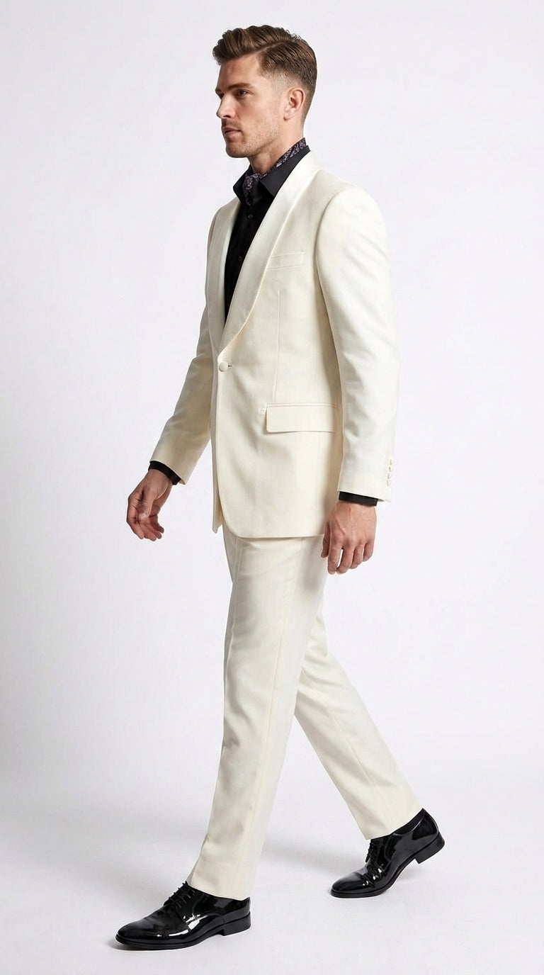 Men’s Champagne Ivory Shawl Collar Suit, 1 Button Cream Off White Dinner Jacket Tuxedo