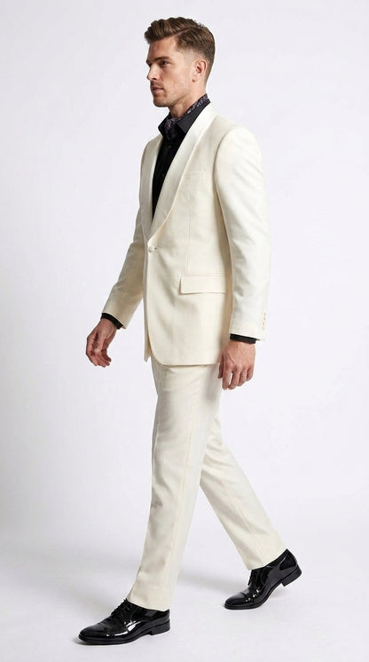 Men’s Champagne Ivory Shawl Collar Suit, 1 Button Cream Off White Dinner Jacket Tuxedo