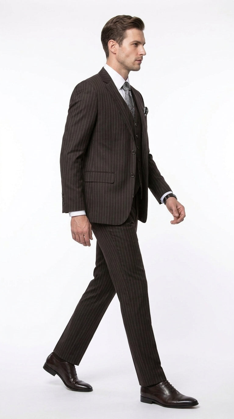 Men’s Jet Black Chalk White Pinstripe 3 Piece Suit, Super 150s Italian Fabric Vested Formal Suit