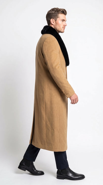 Men’s Camel Wool Full-Length Top Coat with Black Fur Collar – Classic Winter Overcoat