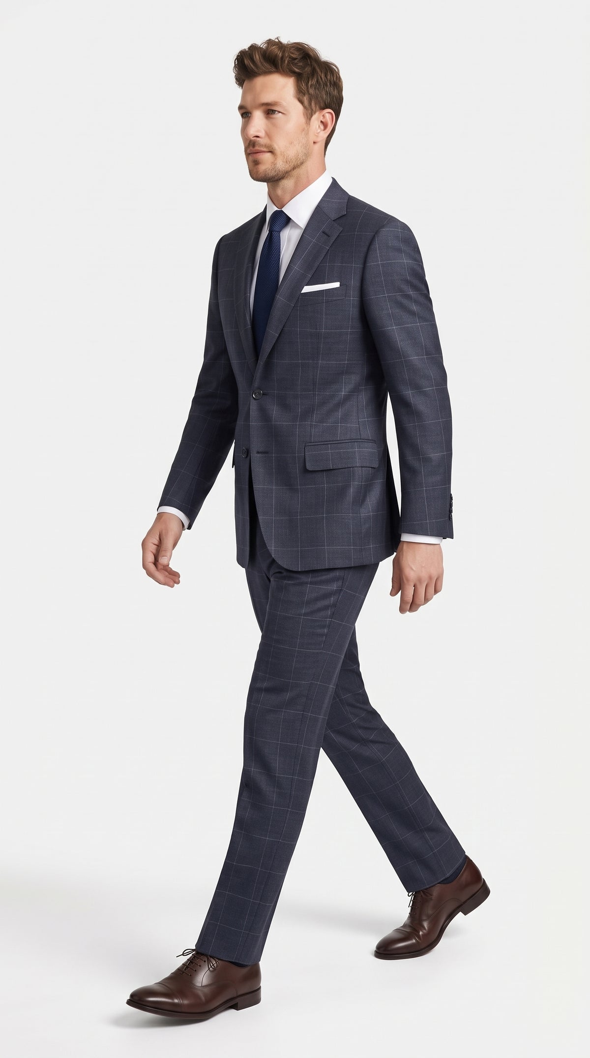 Statement Men’s Navy Windowpane 2 Piece Wool Suit, Modern Fit Super 200s Formal Business Suit
