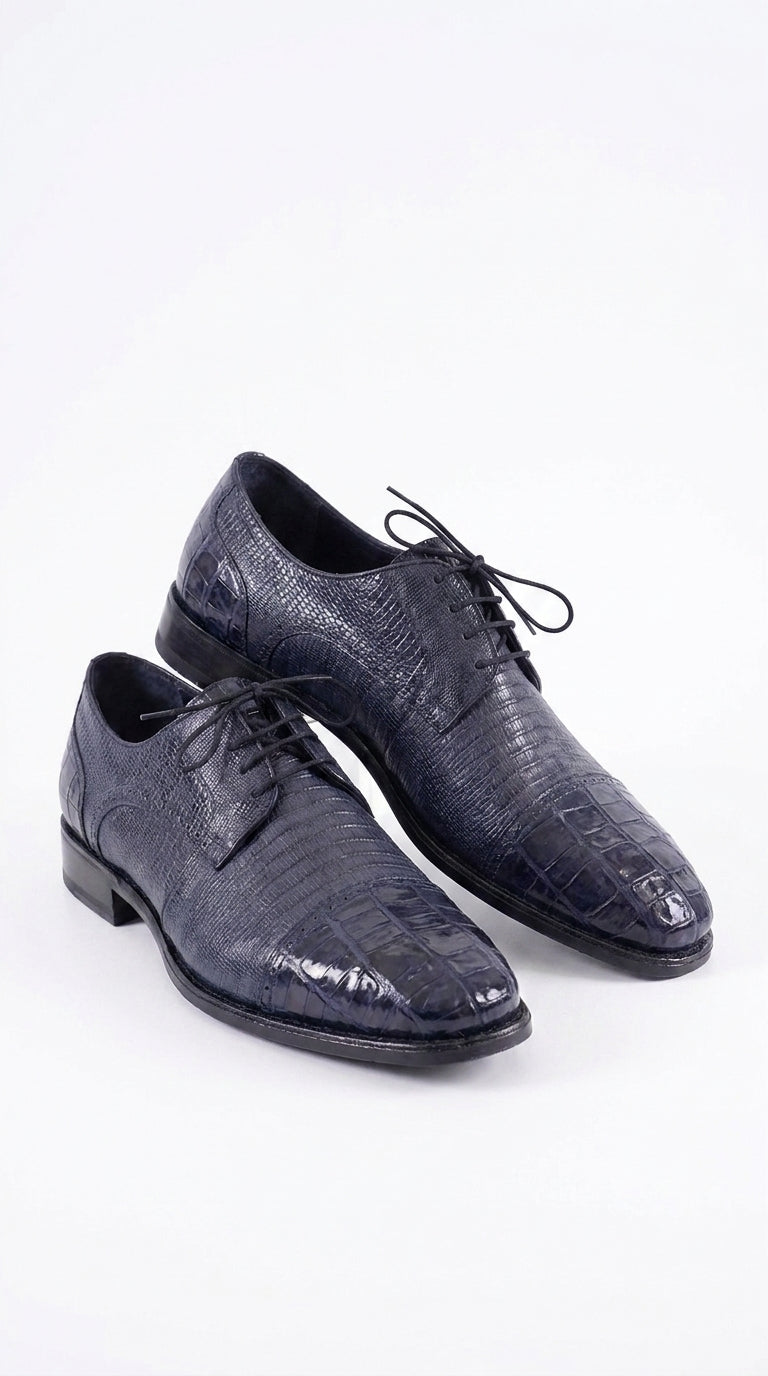 Los Altos Men’s Navy Teju Lizard and Caiman Oxford Shoes, Exotic Lace-Up Formal Dress Shoes