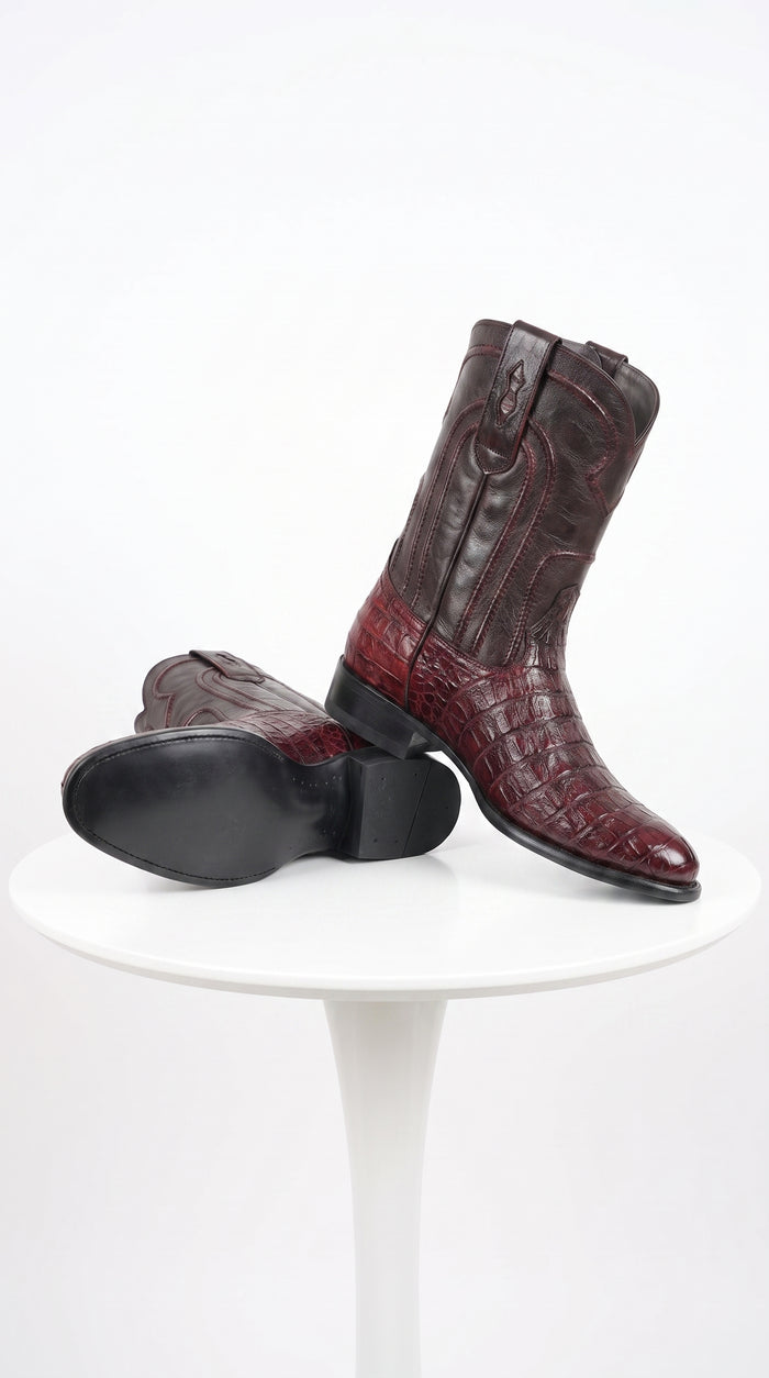 Los Altos Men’s Cherry Black Genuine Caiman Belly Roper Toe Boots, Exotic Western Dress Boots