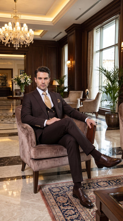 Rossi Man Max Chocolate Brown 3-Piece Suit – Men’s Formal Suit with Double-Breasted Vest & Gold Buttons