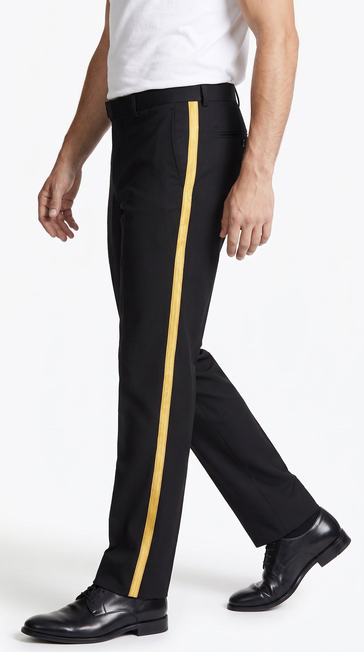 Men’s Black Tuxedo Pants with Gold Side Stripe – Flat Front Formal Dress Pants