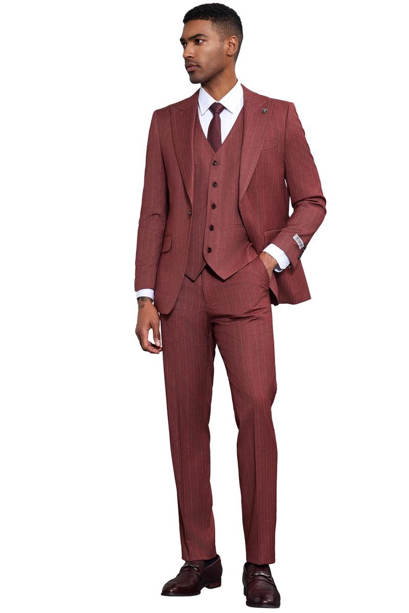 Men's Stacy Adams One Button Peak Lapel Vested Suit in Burgundy Pinstripe - Image 3