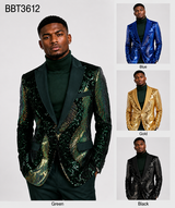 Men's green sequin blazer with fan pattern; available in green, blue, gold and black