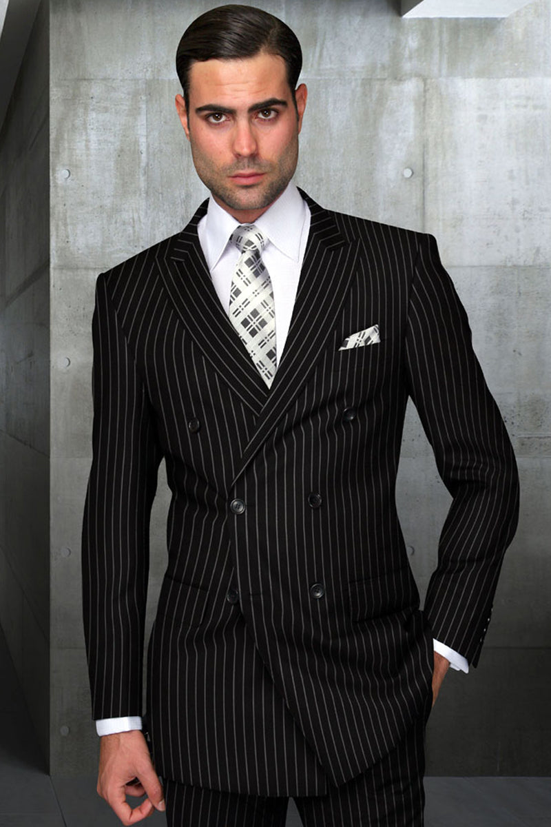 Men's Designer Double Breasted Wool Suit in Bold Black Gangster Pinstripe Modern Fit