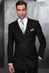 Men's Designer Double Breasted Wool Suit in Bold Black Gangster Pinstripe Modern Fit