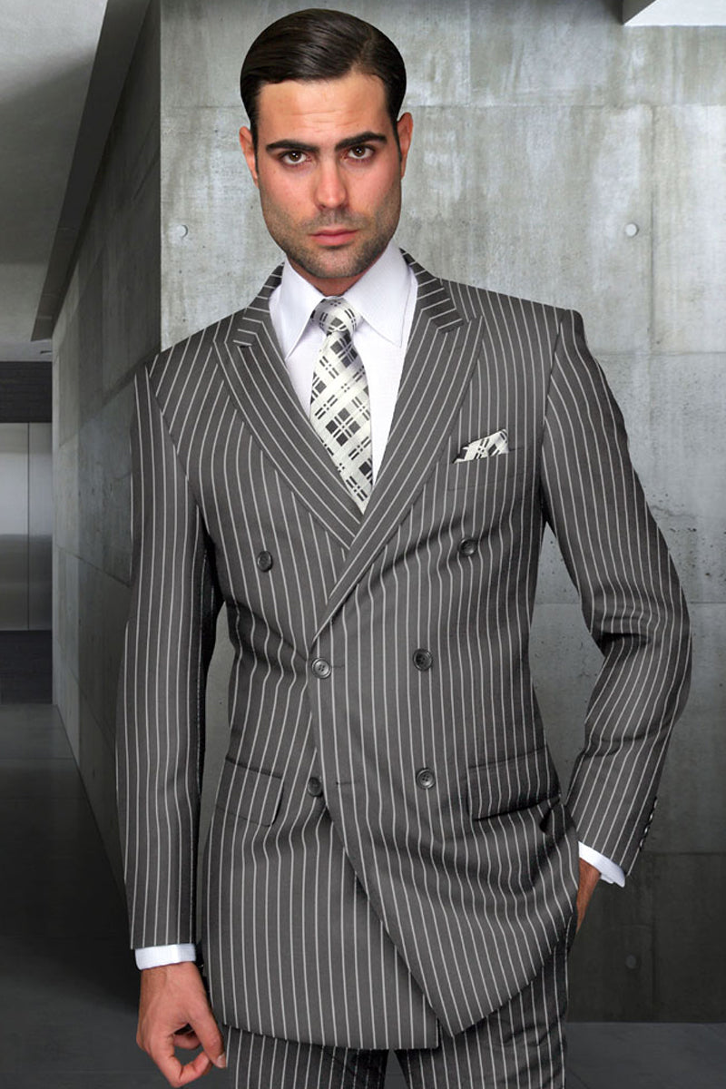 Men's Designer Double Breasted Wool Suit in Bold Grey Gangster Pinstripe Modern Fit