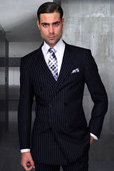 Men's Designer Double Breasted Wool Suit in Bold Navy Blue Gangster Pinstripe Modern Fit