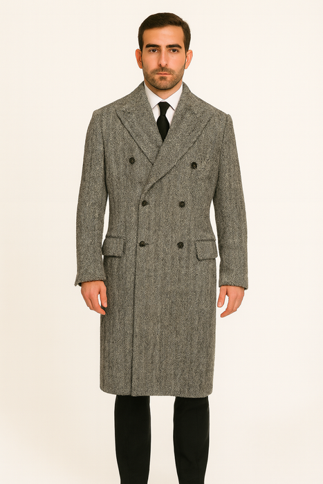 DBCoat Men's Dress Coat Double Breasted Black ~ White Six Button Gray Herringbone Tweed Overcoat Full length