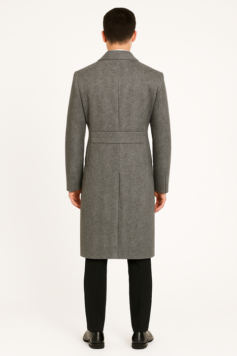 DBCoat Men's Dress Coat Double Breasted Black ~ White Six Button Gray Herringbone Tweed Overcoat Full length