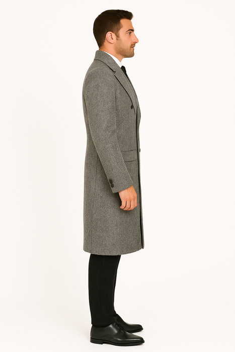 DBCoat Men's Dress Coat Double Breasted Black ~ White Six Button Gray Herringbone Tweed Overcoat Full length