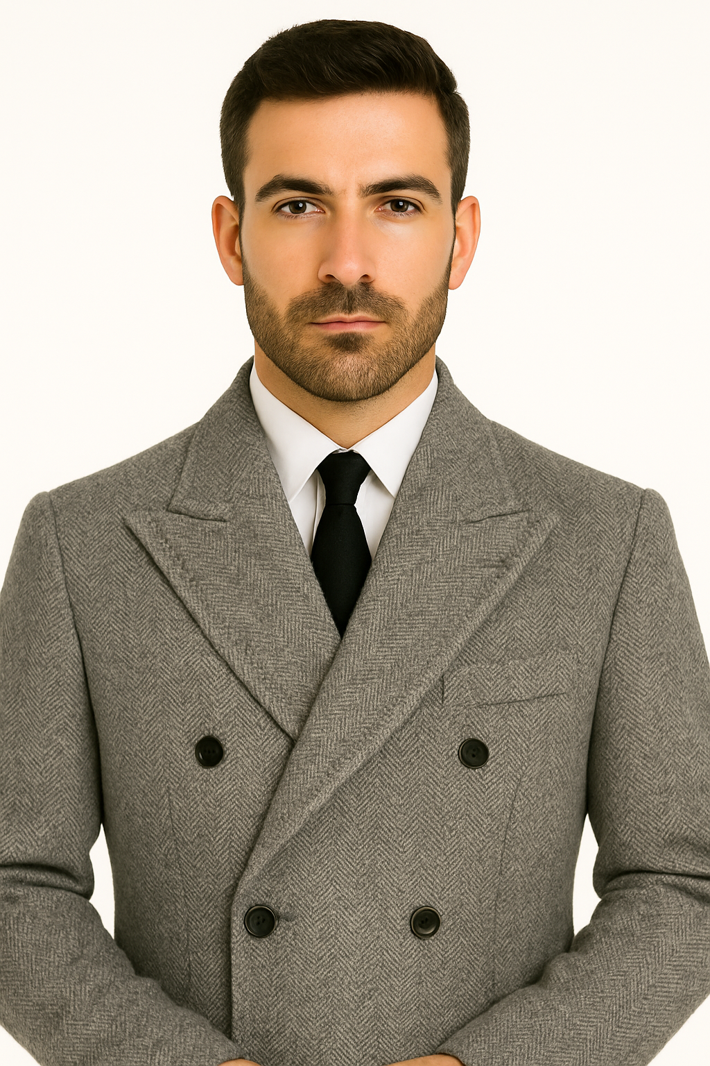 DBCoat Men's Dress Coat Double Breasted Black ~ White Six Button Gray Herringbone Tweed Overcoat Full length - Image 5
