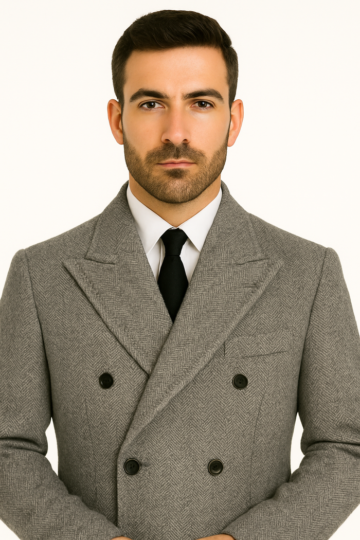 DBCoat Men's Dress Coat Double Breasted Black ~ White Six Button Gray Herringbone Tweed Overcoat Full length - Image 5