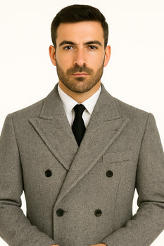 DBCoat Men's Dress Coat Double Breasted Black ~ White Six Button Gray Herringbone Tweed Overcoat Full length - Image 5