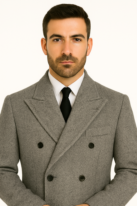 DBCoat Men's Dress Coat Double Breasted Black ~ White Six Button Gray Herringbone Tweed Overcoat Full length