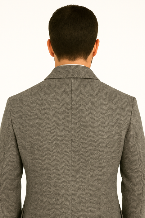 DBCoat Men's Dress Coat Double Breasted Black ~ White Six Button Gray Herringbone Tweed Overcoat Full length