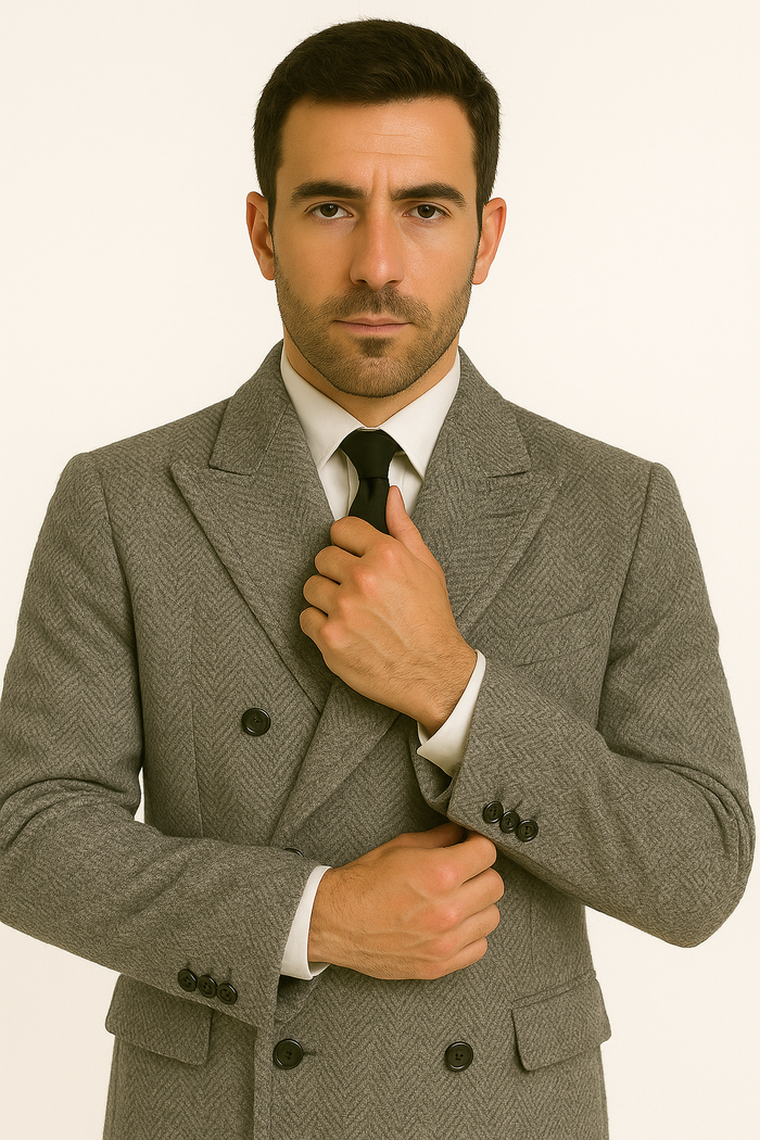 DBCoat Men's Dress Coat Double Breasted Black ~ White Six Button Gray Herringbone Tweed Overcoat Full length - Image 7
