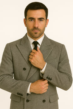 DBCoat Men's Dress Coat Double Breasted Black ~ White Six Button Gray Herringbone Tweed Overcoat Full length - Image 7