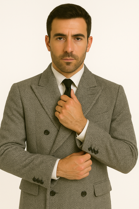 DBCoat Men's Dress Coat Double Breasted Black ~ White Six Button Gray Herringbone Tweed Overcoat Full length