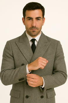 DBCoat Men's Dress Coat Double Breasted Black ~ White Six Button Gray Herringbone Tweed Overcoat Full length - Image 8