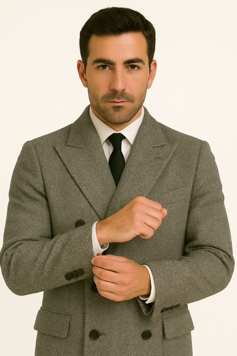 DBCoat Men's Dress Coat Double Breasted Black ~ White Six Button Gray Herringbone Tweed Overcoat Full length